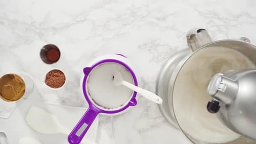 Time Lapse Flat Lay Step By Step Preparing Homemade Chocolate Ice Cream in a Standing Kitchen Mixer