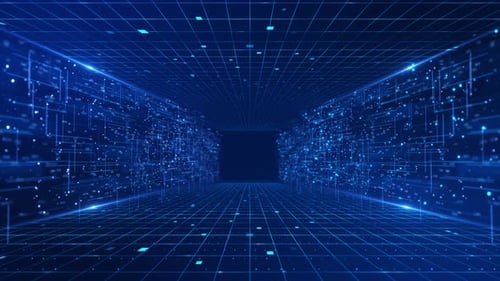 Futuristic Digital Tunnel with Data Grid and Flowing Particles