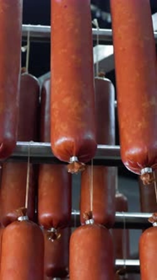 Close Up of Sausages Hanging in a Meat Factory