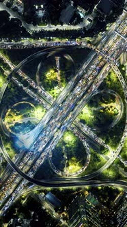 Aerial View City at Night Time Lapse Car Traffic in Business District Background