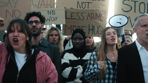 Diverse Group Passionately Protesting for World Peace