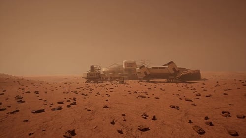 Mars Colony Settlement in a Dusty Landscape Under a Reddish Sky