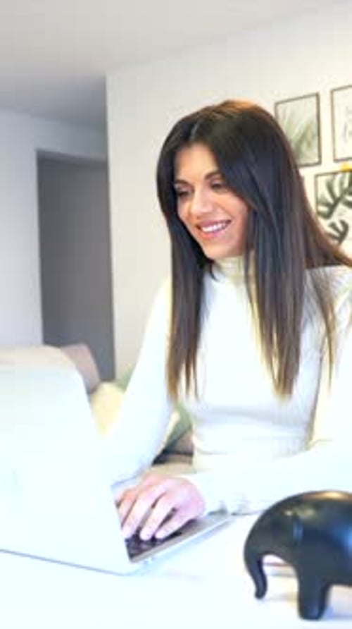 Businesswoman working with a computer smiling, business, home office, telecommuting