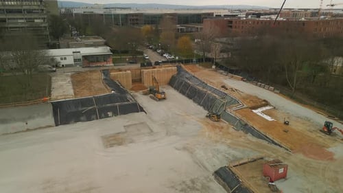 Aerial Shot of Works on Construction Site Yellow Goods Digging and Moving Material Frankfurt Am Main