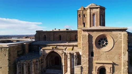 Panoramic aerial drone view of medieval 13th century Cathedral of St Mary of La Seu Vella is symbol