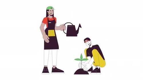 Amigos multiculturais, linha de jardinagem, animação de personagens 2D