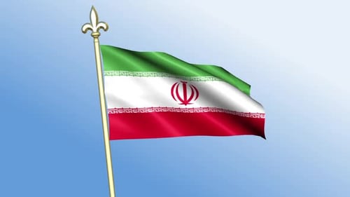 Waving Flag of Iran on Gold Flagpole Against Blue Sky