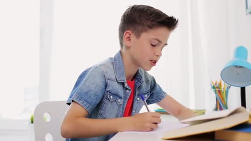 Focused Boy Doing Homework at Desk Indoors