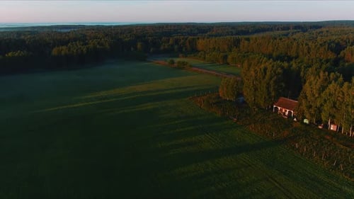 Aerial shot of a rural landscape with house, green fields and trees