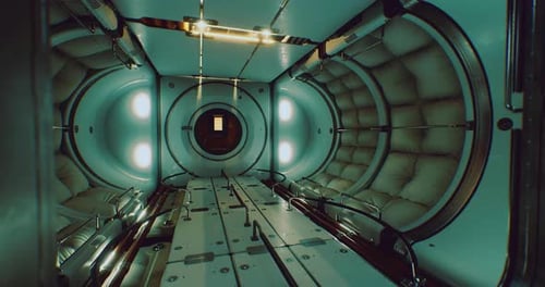 Intérieur d'une capsule futuriste au design élégant et aux lumières vives