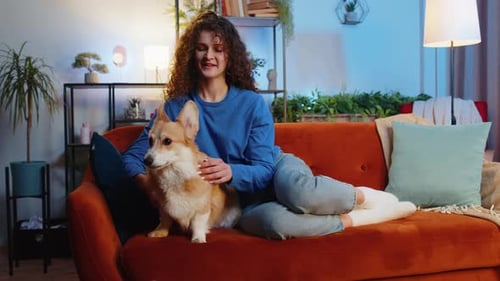 Woman Caressing Cute Pet Corgi Dog Relaxing on Comfortable Sofa in Living Room at Home Apartment