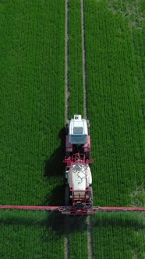 Farming tractor crop sprayer on green field