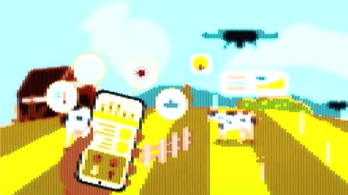 Farmer Using Phone Control Drone For Farm 16 Bit Concept
