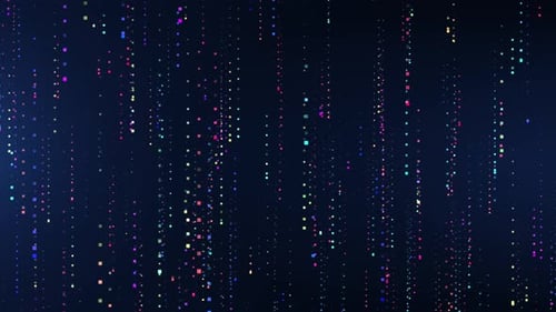 Abstract color animation of falling geometric shapes, squares. Particle flow or particle rain