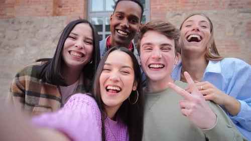 Happy Friends Smiling and Waving for Camera