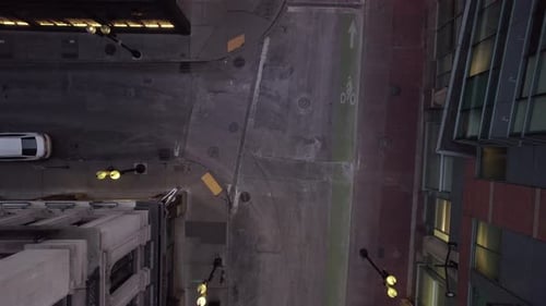 Aerial view of buildings and street, United States.