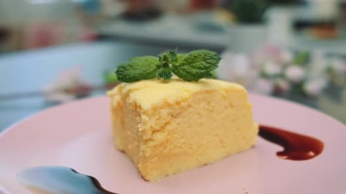 Tasty Square Cake with Mint and Sauce