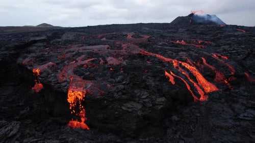 Scenic aerial view of Fagradalsfjall volcano eruption in Iceland