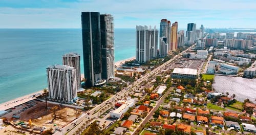 Marvelous top view of the sunny Miami Beach, Florida, USA. The Atlantic Ocean