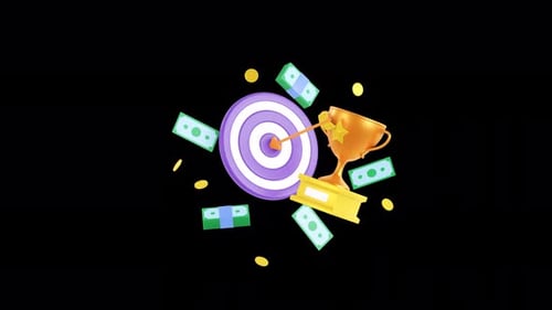 Golden trophy cup and money animation, target. coins and dollar bills. 3d render with Alpha channel