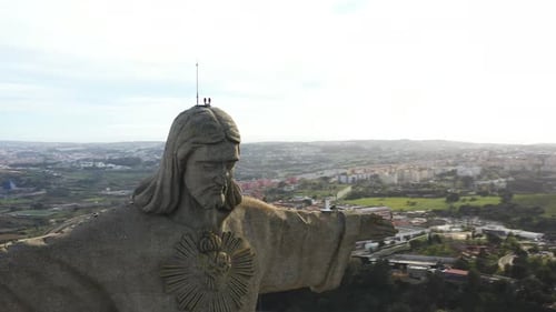 Portugal Close Up Drone Shoot Face Statue Christ the King