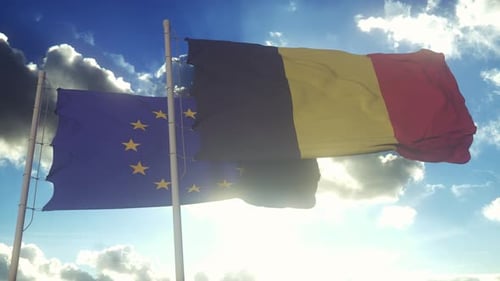 Realistic European Union and Belgium Flags Waving in Sunny Sky