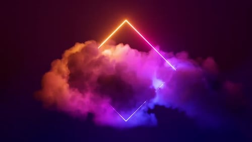 Abstract neon background with glowing square shape and spinning cloud.