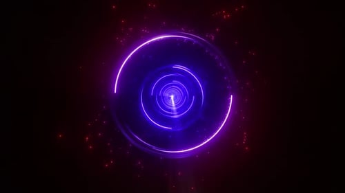 Vibrant neon tunnel with glowing purple circles and red accents