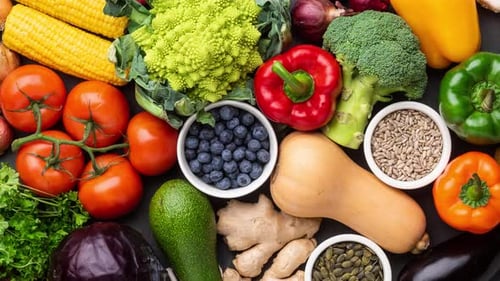 Colorful Fresh Fruits and Vegetables Overhead Shot
