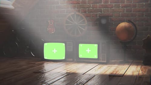 3D Retro Attic Room with Vintage Televisions Green Screens