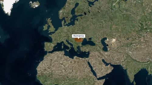 Satellite World Map Zoom to Romania Location Reveal