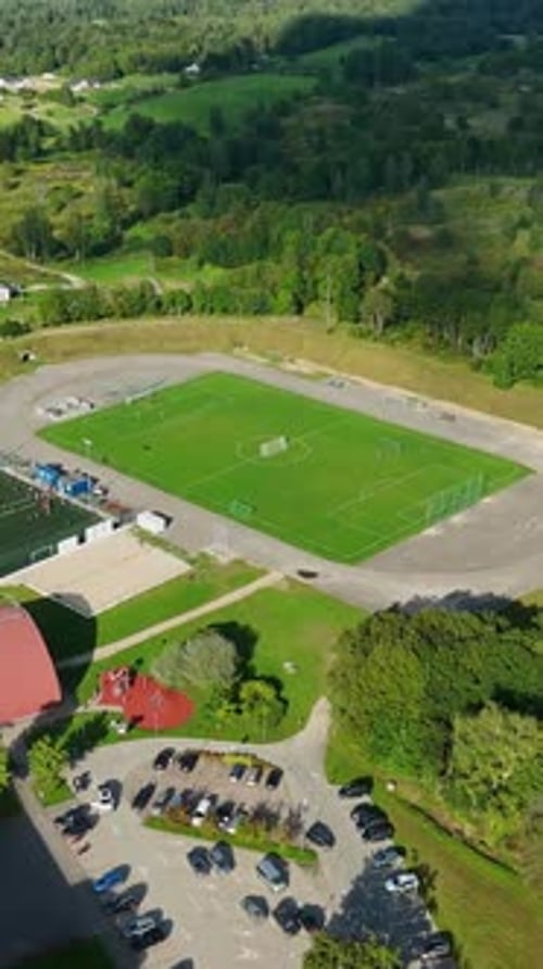 Vertical Aerial View Of Soccer Field In Talsi, Latvia.