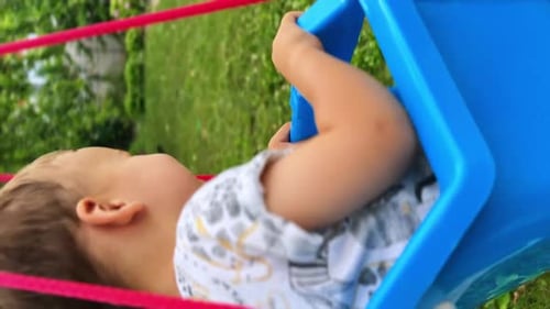 Happy Child Swinging in Green Yard