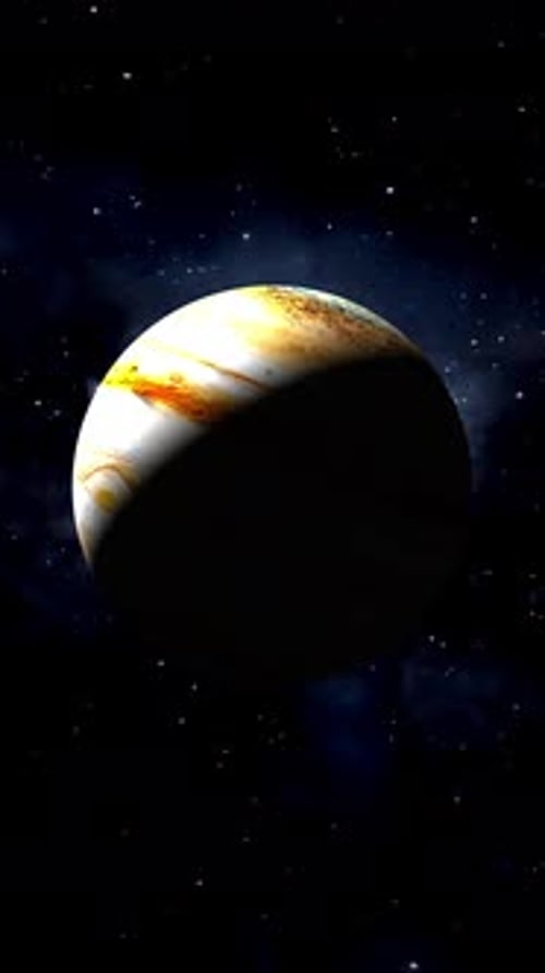 Planeta Júpiter en el espacio profundo con fondo estelar, animación vertical 4K