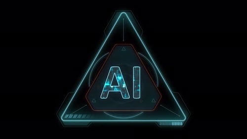 Blue digital AI logo and artificial intelligence (AI) concept with futuristic HUD triangle