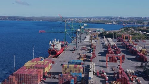 Container Vessel Moored At Halifax Port Drone View Of Maritime Trade Facility