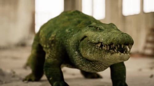 Crocodile explorant un espace abandonné recouvert de végétation