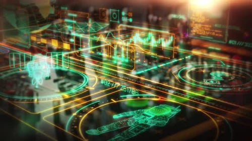 Holographic Interface Showing Rotating 3D Model Graphs Data Analysis