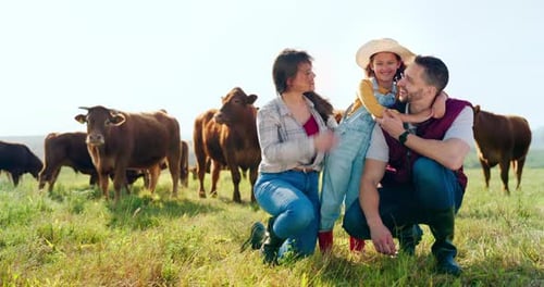 Farm, portrait and family bonding in nature, looking at animals and learning about livestock