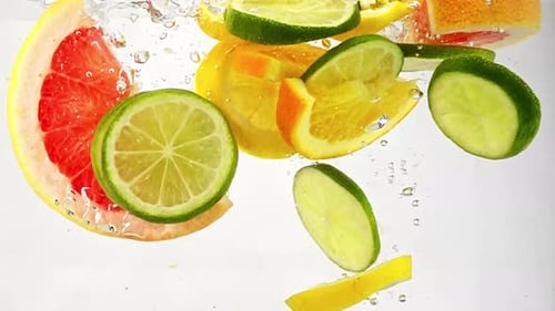 Slices of grapefruit, lime, lemon falling into water