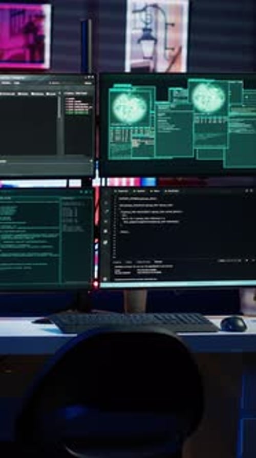 Script Vidéo Vertical Exécuté Sur Un Ordinateur Dans La Base D'Opérations Secrète Utilisée Par Un Hacker