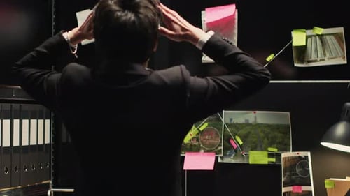 Detective Working at Desk With Corkboard of Photos