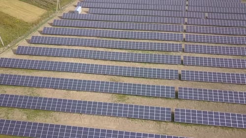 Aerial View of Solar Power Plant Electric Panels for Producing Clean Ecologic Energy