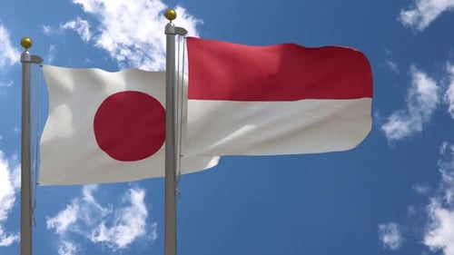 Japan and Indonesia Flags Waving Against Blue Sky