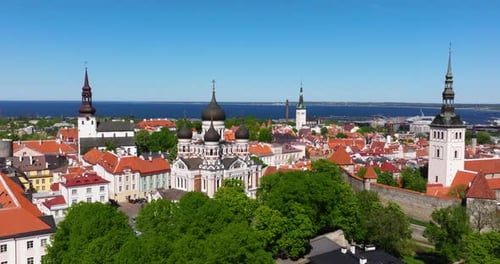 Cinematic Aerial View Above Old Town in Tallinn, Estonia. Beautiful Summer Day