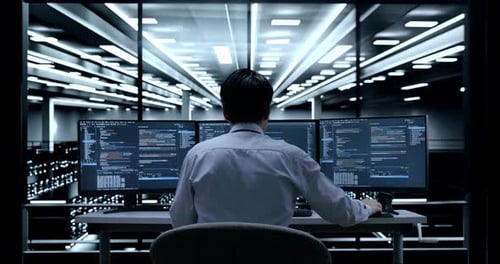 Programador escrevendo código por desktops usando vários monitores na sala do servidor