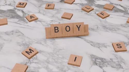 Animated Wooden Letter Tiles Form Boy on Marble Background