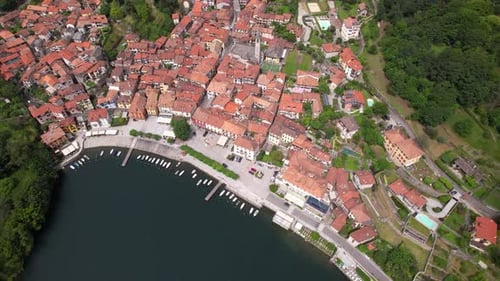 Drone flight over an Italian lakeside town.