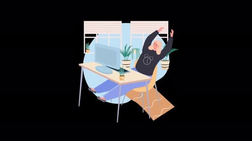 Cozy Home Office Scene of a Woman Stretching in a Modern Workspace with Plants