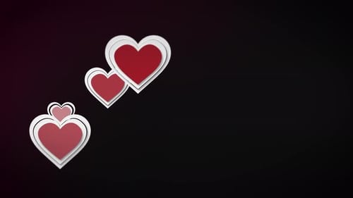 Floating layered paper hearts drifting across a dark background, romantic looping animation concept
